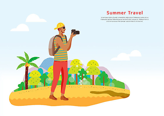 전신 PSD 나무 구름 남자 여행 일러스트 배낭 산 한명 사람 성인 여름 여름휴가 바캉스 모래사장 야자수 카메라 사진촬영 숲 국내일러스트 자연요소 식물 1 계절 바다 가방 휴가 전자제품 촬영 파일형식 여름_계절