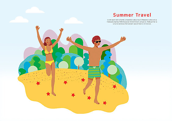 전신 PSD 나무 구름 여자 남자 수영복 여행 일러스트 팔벌리기 불가사리 미소 사람 성인 해변 두명 여름 여름휴가 바캉스 선글라스 달리기 숲 즐거움 국내일러스트 자연요소 식물 옷 계절 감정 안경 바다 모션 휴가 극피동물 표정 파일형식 여름_계절