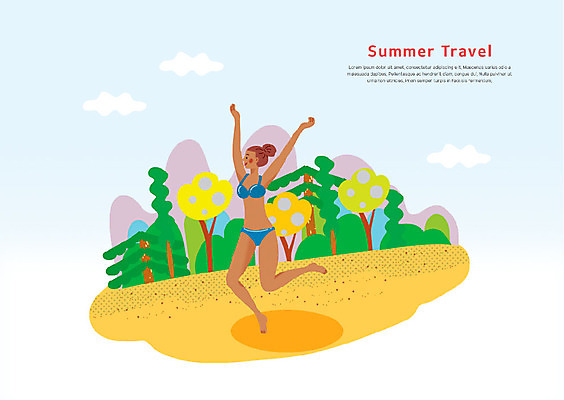 전신 PSD 나무 구름 여자 수영복 여행 일러스트 산 한명 사람 성인 해변 여름 여름휴가 바캉스 모래사장 손들기 점프 숲 즐거움 국내일러스트 자연요소 식물 1 옷 계절 감정 바다 모션 휴가 파일형식 여름_계절