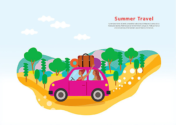 PSD 나무 구름 여자 여행 일러스트 자동차 자연 산 사람 상반신 성인 두명 여름 여름휴가 바캉스 캐리어 운전 숲 핸들 튜브 시골길 자동차여행 국내일러스트 자연요소 식물 계절 길 육상교통 모션 휴가 여행가방 생태계 파일형식 여름_계절