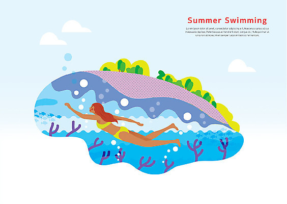 전신 PSD 나무 구름 여자 파도 여행 여러마리 일러스트 어류 한명 사람 성인 해변 여름 여름휴가 바캉스 바닷속 수중 수영 국내일러스트 자연요소 식물 1 계절 바다 다수 휴가 수중동물 수상스포츠 파일형식 여름_계절