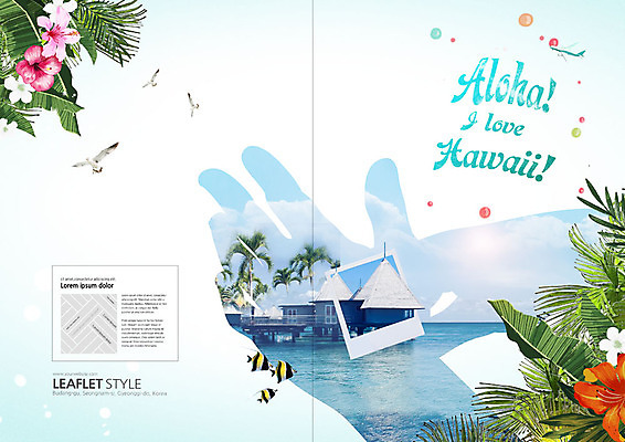 PSD 템플릿 북디자인 출판디자인 표지 리플렛 바다 여행 북커버 여러마리 갈매기 비행기 팜플렛 사람없음 여름휴가 바캉스 열대어 하와이 수상가옥 방갈로 기념사진 열대꽃 열대잎 이미지템플릿 꽃 다수 잎 항공교통 조류 숙소 휴가 대중교통 주택 어류 미국 파일형식 여름_계절