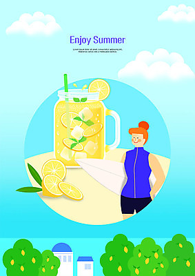 PSD 구름 여자 바다 일러스트 하늘 나뭇잎 주택 한명 미소 들기 사람 상반신 성인 여름 서핑보드 과일나무 레몬 레몬주스 슬라이스 국내일러스트 자연요소 나무 1 계절 잎 과일 모션 표정 건물 보드_스포츠 과일주스 파일형식