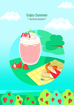 PSD 나무 구름 여자 이어폰 일러스트 딸기 한명 사람 상반신 성인 야외 여름 스마트폰 눕기 음악감상 돗자리 딸기주스 국내일러스트 자연요소 식물 1 계절 음향기기 과일 모션 핸드폰 스마트기기 감상 과일주스 파일형식