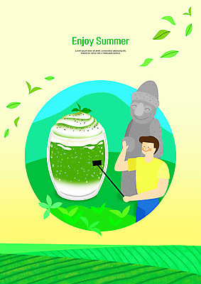 PSD 남자 일러스트 나뭇잎 산 한명 미소 사람 상반신 성인 여름 셀프카메라 돌하르방 녹차 녹차밭 녹차라떼 국내일러스트 1 계절 잎 밭 표정 차_음료 사진촬영 라떼 파일형식