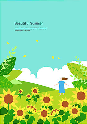 전신 구름 여자 꽃잎 꽃밭 일러스트 나뭇잎 해바라기 한명 사람 성인 여름 언덕 흩날리기 국내일러스트 AI파일 자연요소 1 계절 꽃 잎 모션 파일형식 벡터