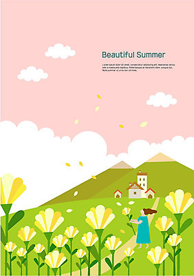 전신 구름 여자 꽃 꽃밭 일러스트 산 주택 한명 들기 사람 성인 여름 오솔길 언덕 국내일러스트 AI파일 자연요소 식물 1 계절 길 모션 건물 파일형식 벡터