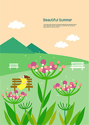 전신 구름 여자 꽃 벤치 일러스트 산 한명 사람 앉기 초원 성인 여름 언덕 국내일러스트 AI파일 자연요소 식물 1 계절 의자 모션 파일형식 벡터