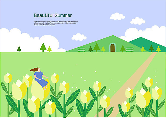 전신 나무 구름 여자 꽃밭 벤치 일러스트 산 한명 사람 앉기 초원 성인 여름 튤립 터널 오솔길 국내일러스트 AI파일 자연요소 식물 1 계절 꽃 길 의자 모션 파일형식 벡터