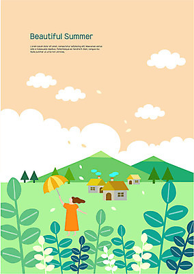 전신 나무 구름 여자 일러스트 우산 산 주택 한명 들기 사람 초원 성인 여름 잡기 풀잎 국내일러스트 AI파일 자연요소 식물 1 계절 잎 모션 건물 풀_식물 파일형식 벡터