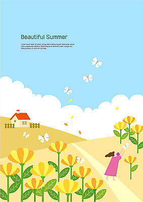 전신 구름 여자 꽃잎 나비 꽃밭 여러마리 일러스트 주택 한명 사람 성인 여름 울타리 잡기 오솔길 언덕 동산 꽃동산 국내일러스트 AI파일 자연요소 1 계절 꽃 길 다수 곤충 모션 건물 담장 파일형식 벡터