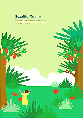 전신 나무 구름 여자 일러스트 한명 사람 성인 여름 야자수 손들기 풀잎 숲속 국내일러스트 AI파일 자연요소 식물 1 계절 잎 모션 풀_식물 숲 파일형식 벡터