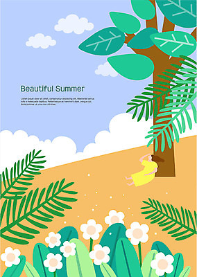 전신 나무 구름 여자 꽃 일러스트 휴식 한명 사람 앉기 성인 여름 기댐 풀잎 언덕 동산 국내일러스트 AI파일 자연요소 식물 1 계절 컨셉 잎 모션 풀_식물 파일형식 벡터