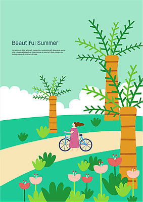 전신 나무 구름 여자 꽃 일러스트 한명 사람 초원 성인 여름 자전거 풀잎 당기기 오솔길 국내일러스트 AI파일 자연요소 식물 1 계절 길 잎 모션 바이크 풀_식물 파일형식 벡터