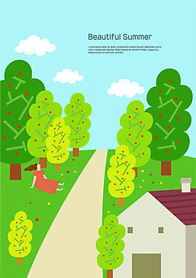 전신 구름 여자 일러스트 휴식 주택 한명 사람 앉기 초원 성인 여름 오솔길 과일나무 국내일러스트 AI파일 자연요소 나무 1 계절 길 컨셉 모션 건물 파일형식 벡터