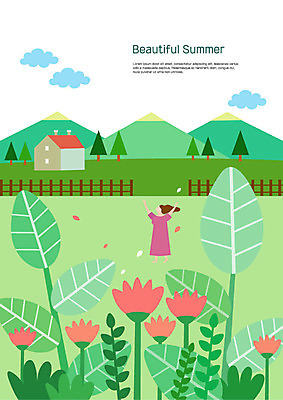 전신 나무 구름 여자 꽃 일러스트 산 주택 한명 사람 초원 성인 여름 울타리 손들기 풀잎 국내일러스트 AI파일 자연요소 식물 1 계절 잎 모션 건물 담장 풀_식물 파일형식 벡터