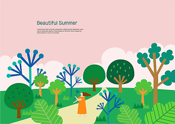 전신 나무 구름 여자 일러스트 나뭇잎 한명 들기 사람 초원 성인 여름 나뭇가지 오솔길 시골길 국내일러스트 AI파일 자연요소 식물 1 계절 길 잎 모션 파일형식 벡터