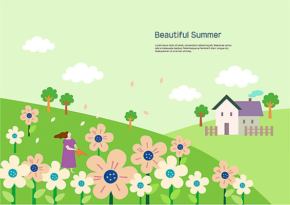 전신 나무 구름 여자 꽃 꽃밭 일러스트 바람 주택 한명 사람 초원 성인 여름 울타리 물뿌리개 언덕 물주기 동산 흩날리기 국내일러스트 AI파일 자연요소 식물 1 계절 모션 날씨 건물 담장 파일형식 벡터