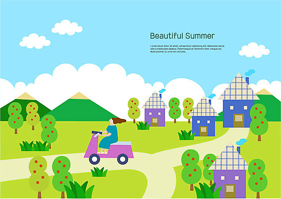 전신 구름 여자 일러스트 하늘 주택 한명 사람 초원 성인 여름 운전 오토바이 풀잎 오솔길 과일나무 시골길 국내일러스트 AI파일 자연요소 나무 1 계절 길 잎 모션 건물 바이크 풀_식물 파일형식 벡터