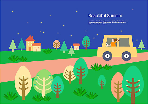 나무 여자 별 일러스트 자동차 주택 한명 사람 잔디 초원 상반신 성인 여름 드라이브 운전 야간 풀숲 시골길 국내일러스트 AI파일 자연요소 식물 1 계절 길 육상교통 모션 건물 숲 파일형식 벡터