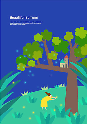 전신 나무 여자 일러스트 한명 사람 초원 성인 여름 잡기 풀잎 둥지 반딧불이 국내일러스트 AI파일 식물 1 계절 곤충 잎 모션 풀_식물 파일형식 벡터