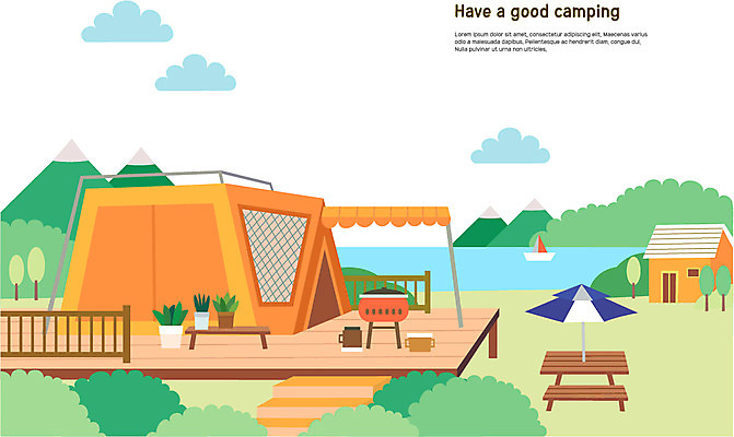 나무 화분 호수 일러스트 난간 텐트 사람없음 강 계단 캠핑 파라솔 냄비 캠핑장 펜션 국내일러스트 AI파일 식물 숙소 레저 캠핑도구 솥 파일형식 벡터