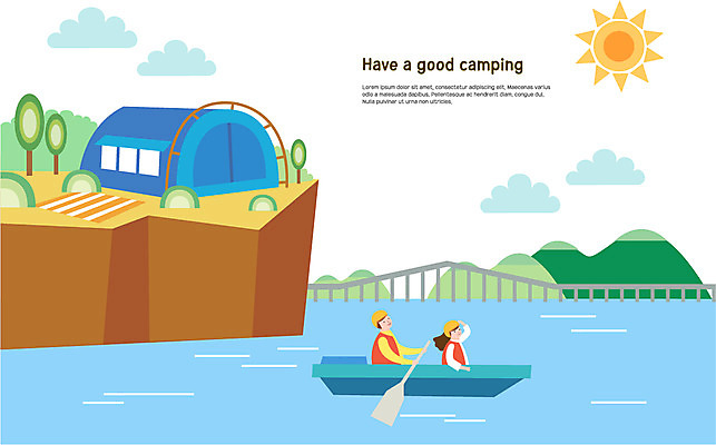나무 구름 커플 여자 남자 일러스트 텐트 사람 상반신 성인 두명 강 태양 캠핑 돗자리 카누 패들 가교 국내일러스트 AI파일 자연요소 식물 건축물 관계 레저 캠핑도구 수상스포츠 노_배의노 파일형식 벡터