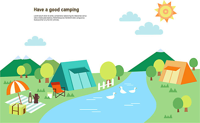 나무 호수 음료 일러스트 주전자 오리 텐트 세마리 초원 사람없음 울타리 강 태양 캠핑 파라솔 캠핑장 돗자리 아이스박스 국내일러스트 AI파일 자연요소 식물 조류 주방용품 레저 캠핑도구 3 담장 파일형식 벡터