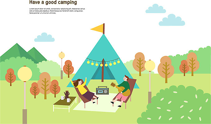 전신 나무 커플 여자 남자 연주 일러스트 자연 조명 텐트 사람 앉기 초원 성인 두명 손들기 캠핑 기타 깃발 숲 즐거움 라디오 국내일러스트 AI파일 식물 감정 음악 관계 모션 현악기 레저 캠핑도구 전자제품 생태계 파일형식 벡터