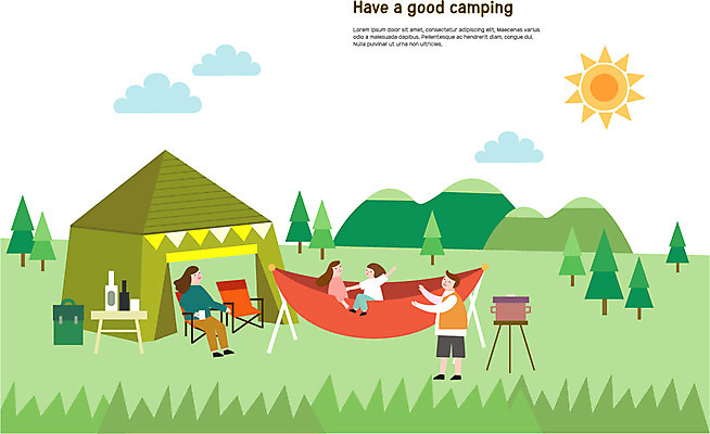 전신 나무 여자 남자 음료 어린이 일러스트 배낭 탁자 텐트 사람 앉기 여러명 성인 태양 캠핑 자녀 아빠 캠핑장 해먹 국내일러스트 AI파일 자연요소 식물 가구 다수 가방 가족 모션 레저 캠핑도구 침대 파일형식 벡터