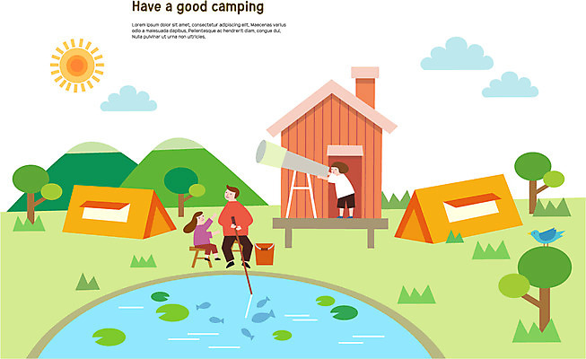 전신 나무 구름 응시 여자 남자 어린이 여러마리 일러스트 낚시 텐트 어류 사람 초원 성인 세명 강 태양 망원경 캠핑 캠핑장 펜션 국내일러스트 AI파일 자연요소 식물 시선 다수 숙소 레저 캠핑도구 수중동물 파일형식 벡터