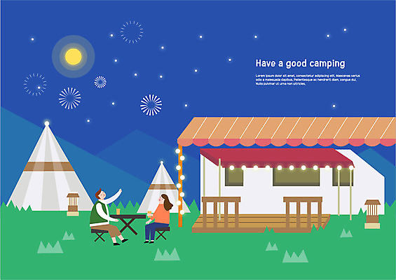 전신 커플 여자 남자 별 일러스트 전등 조명 폭죽 텐트 사람 앉기 잔디 초원 성인 두명 손들기 마주보기 캠핑 마시기 달 차 야간 펜션 국내일러스트 AI파일 자연요소 식물 음료 관계 모션 숙소 레저 캠핑도구 파일형식 벡터