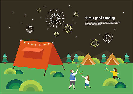 전신 나무 여자 남자 어린이 일러스트 자연 폭죽 불꽃놀이 텐트 사람 초원 성인 세명 부모 캠핑 자녀 야간 즐거움 국내일러스트 AI파일 자연요소 식물 감정 가족 놀이 레저 캠핑도구 생태계 파일형식 벡터