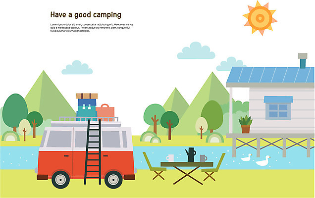 나무 구름 호수 두마리 일러스트 사다리 자연 주택 오리 사람없음 강 태양 캐리어 캠핑 짐 캠핑카 국내일러스트 AI파일 자연요소 식물 2 자동차 조류 레저 건물 여행가방 도구 생태계 파일형식 벡터