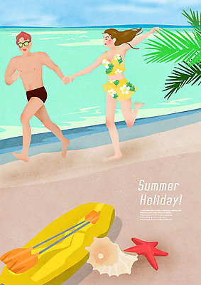 전신 PSD 커플 여자 남자 수영복 바다 일러스트 하늘 불가사리 미소 사람 성인 해변 두명 여름 여름휴가 바캉스 모래사장 야자수 달리기 손잡기 소라 즐거움 카약 국내일러스트 나무 옷 계절 감정 관계 모션 휴가 어패류 극피동물 표정 수상스포츠 파일형식 여름_계절