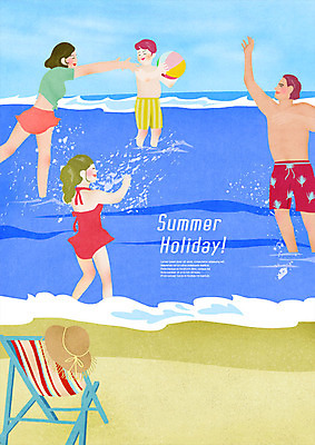 전신 PSD 여자 남자 수영복 어린이 파도 일러스트 가족 하늘 사람 여러명 성인 해변 여름 여름휴가 바캉스 손들기 비치볼 즐거움 선베드 놀기 국내일러스트 옷 계절 감정 바다 다수 의자 공 관계 모션 휴가 바캉스용품 파일형식 여름_계절