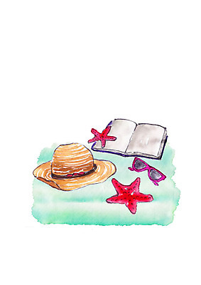 PSD 일러스트 수채화 불가사리 사람없음 책 여름 선글라스 밀짚모자 챙모자 국내일러스트 모자_잡화 계절 안경 극피동물 파일형식