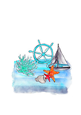 PSD 바다 요트 일러스트 수채화 불가사리 해변 사람없음 여름 산호초 소라 방향키 국내일러스트 계절 배_교통 어패류 극피동물 수중식물 파일형식