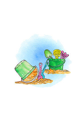 PSD 일러스트 수채화 불가사리 해변 사람없음 여름 모래사장 도구 양동이 모래놀이 모래삽 국내일러스트 계절 모래 바다 놀이 극피동물 삽 파일형식