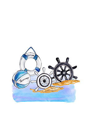 PSD 일러스트 수채화 해변 사람없음 여름 모래사장 비치볼 튜브 방향키 국내일러스트 계절 바다 공 바캉스용품 파일형식