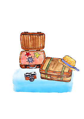 PSD 일러스트 수채화 불가사리 사람없음 여름 카메라 캐리어 두개 방향키 챙모자 국내일러스트 모자_잡화 계절 2 극피동물 전자제품 여행가방 파일형식