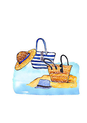 PSD 일러스트 수채화 해변 사람없음 여름 모래사장 선글라스 중절모 밀짚모자 비치백 챙모자 국내일러스트 모자_잡화 계절 안경 바다 파일형식 가방_잡화