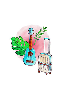 PSD 일러스트 나뭇잎 수채화 사람없음 여름 캐리어 기타 열대잎 국내일러스트 계절 잎 현악기 여행가방 파일형식