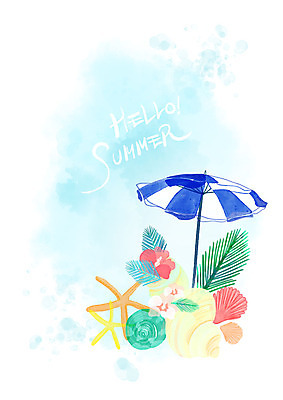 PSD 꽃 일러스트 조개 수채화 불가사리 사람없음 여름 파라솔 소라 야자수잎 국내일러스트 식물 계절 잎 어패류 극피동물 파일형식