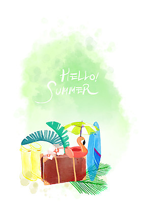 PSD 일러스트 수채화 장화 사람없음 여름 캐리어 파라솔 서핑보드 튜브 야자수잎 열대꽃 열대잎 국내일러스트 계절 꽃 신발 잎 여행가방 보드_스포츠 파일형식