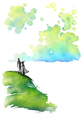 전신 PSD 커플 응시 여자 남자 일러스트 캘리그라피 붓터치 수채화 서기 사람 풍경 성인 두명 손잡기 언덕 번짐 챙모자 국내일러스트 모자_잡화 시선 관계 모션 파일형식 효과