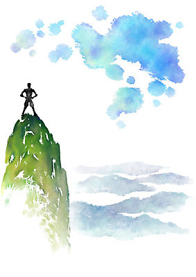 전신 PSD 남자 허리손 일러스트 캘리그라피 붓터치 수채화 한명 서기 사람 풍경 성인 정상 번짐 산봉우리 산정상 국내일러스트 1 포즈 모션 산 봉우리 파일형식 효과