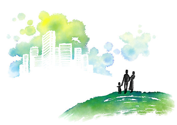 전신 PSD 응시 여자 남자 어린이 일러스트 캘리그라피 가족 붓터치 수채화 서기 사람 풍경 빌딩 성인 세명 손잡기 도시 언덕 번짐 국내일러스트 시선 관계 모션 건물 파일형식 효과