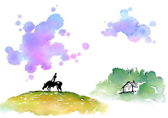 전신 PSD 일러스트 캘리그라피 붓터치 수채화 주택 한명 사람 풍경 초원 성인 초록색 소 승차 번짐 국내일러스트 1 컬러 포유류 모션 건물 파일형식 효과