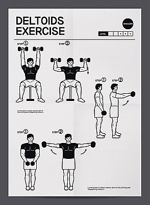 전신 남자 포스터 일러스트 서기 들기 앉기 여러명 성인 운동 헬스 아령 웨이트트레이닝 어깨 근력 방법 숄더프레스 매뉴얼 래터럴레이즈 프론트레이즈 국내일러스트 AI파일 다수 모션 건강 사람 신체부위 파일형식 벡터